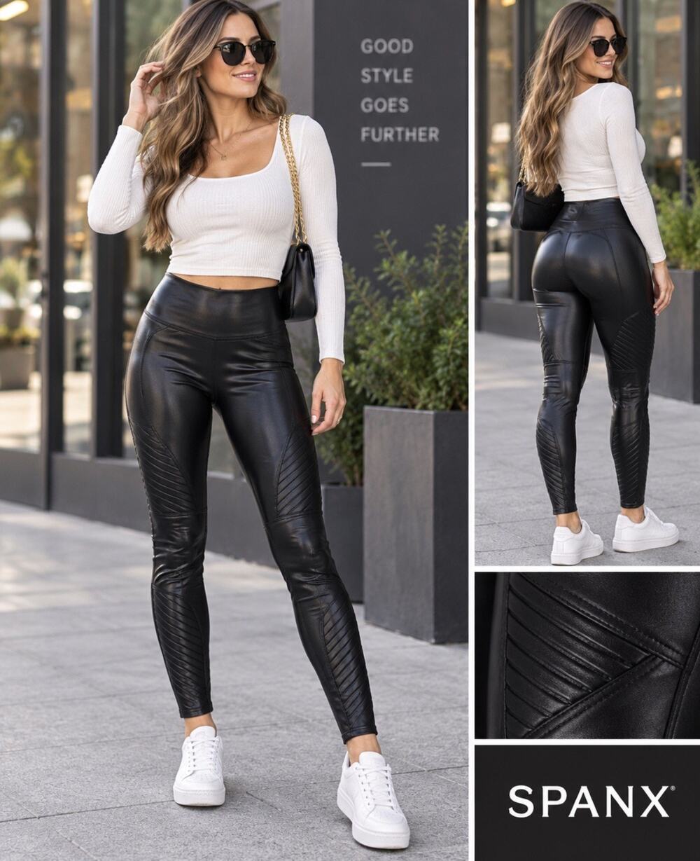 SPANX Faux Leather Moto Leggings Women’s Small Black High Rise Ribbed 20135R